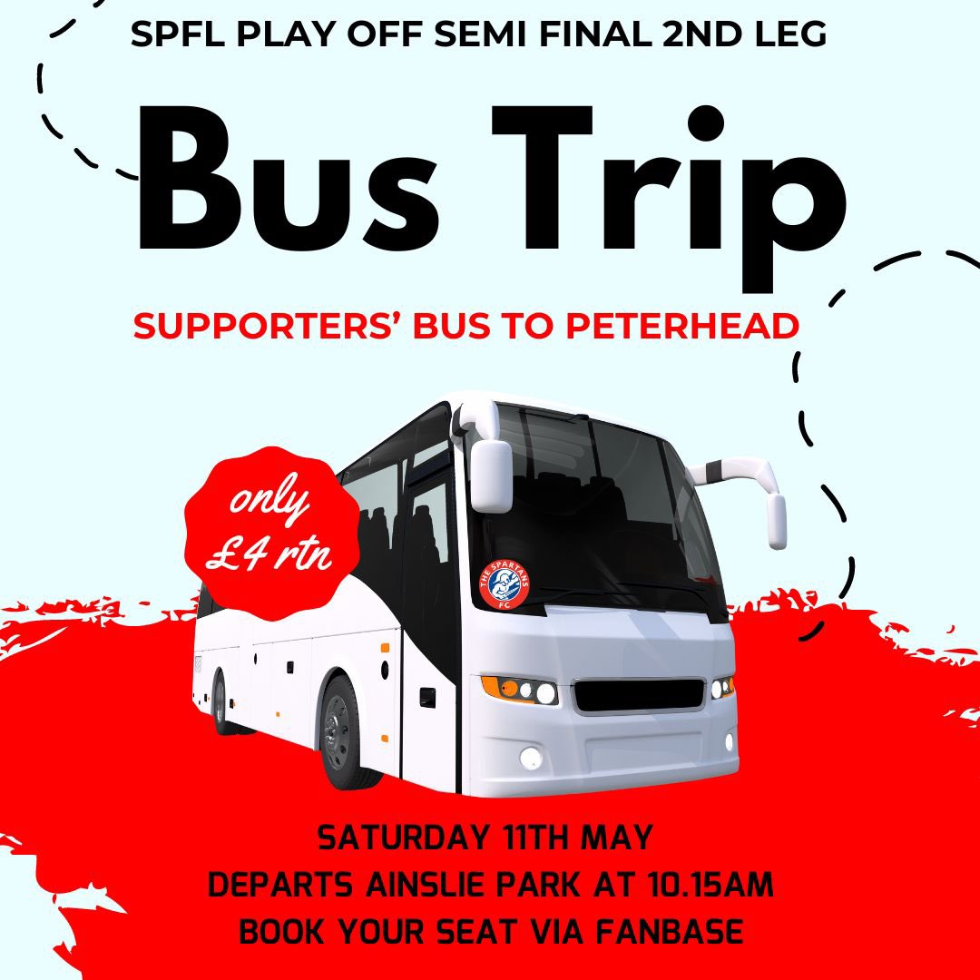 🚌 We’ve secured a Spartan Army Supporters’ bus for Saturday’s trip to Peterhead. Departs Pilton Drive outside Ainslie Park car park at 10.15h sharp! Tickets - priced at just £4 return - are available via @Fanbase_clubs 🛒 app.fanbaseclub.com/Fan/Tickets/Ch…