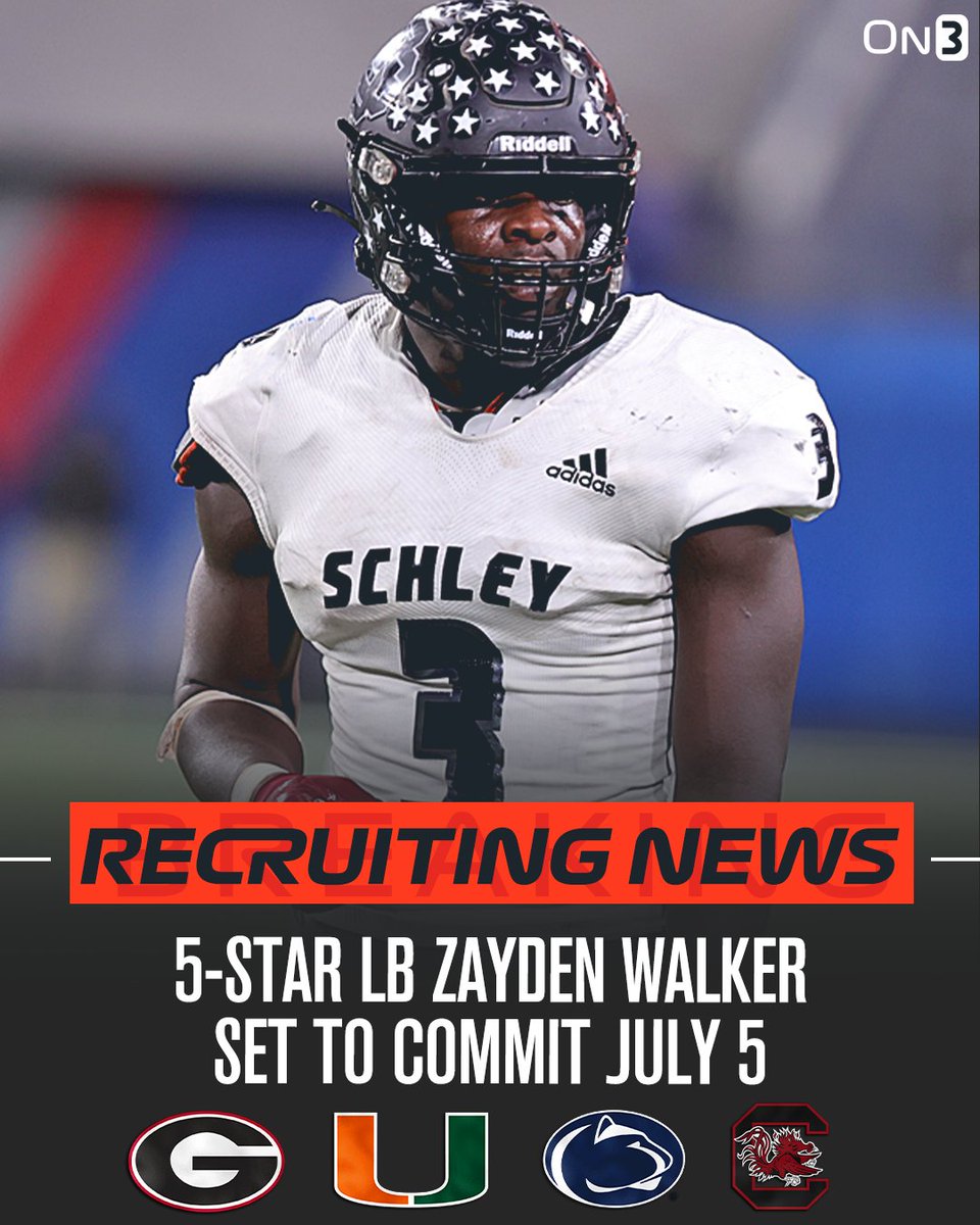 🚨NEWS🚨 5-star LB Zayden Walker is set to announce his commitment on July 5, he tells @ChadSimmons_‼️ He will choose between Georgia, Miami, Penn State and South Carolina👀 Read: on3.com/news/5-star-lb…