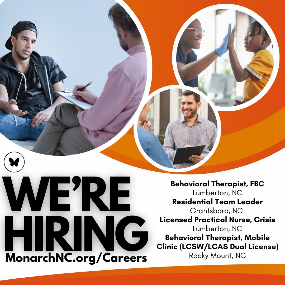 We have rewarding job opportunities immediately available across North Carolina! View and apply to the roles listed in the image and many more by visiting monarch.wd5.myworkdayjobs.com/Monarch.
