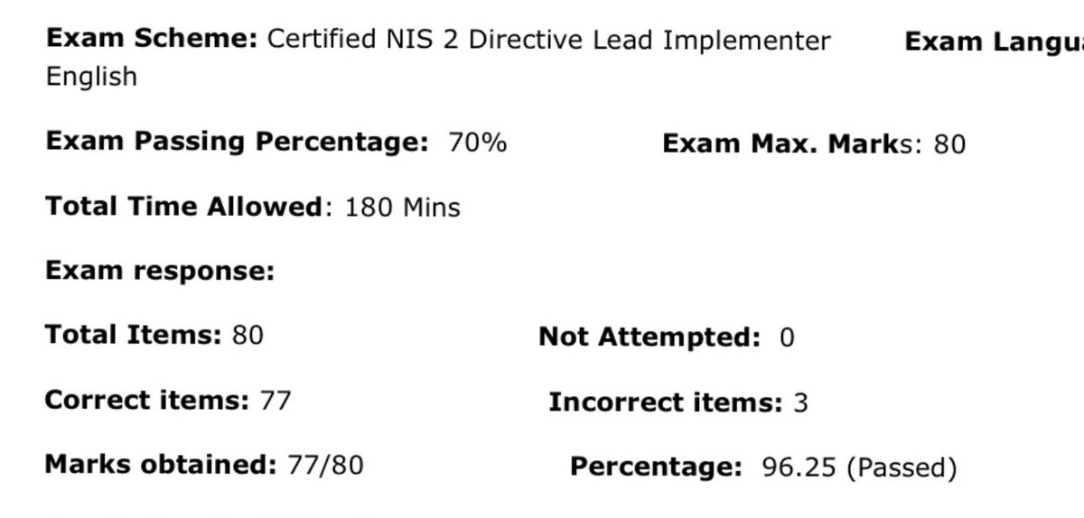 Fier! Ik onderschat altijd mijn intelligentie maar na 3 dagen opleiding geslaagd met niet minder dan 96% als NIS2 Lead Implementer. Ik was hierbij zowaar “eerste van de klas” tussen allemaal doorwinterde professionals. 🥹