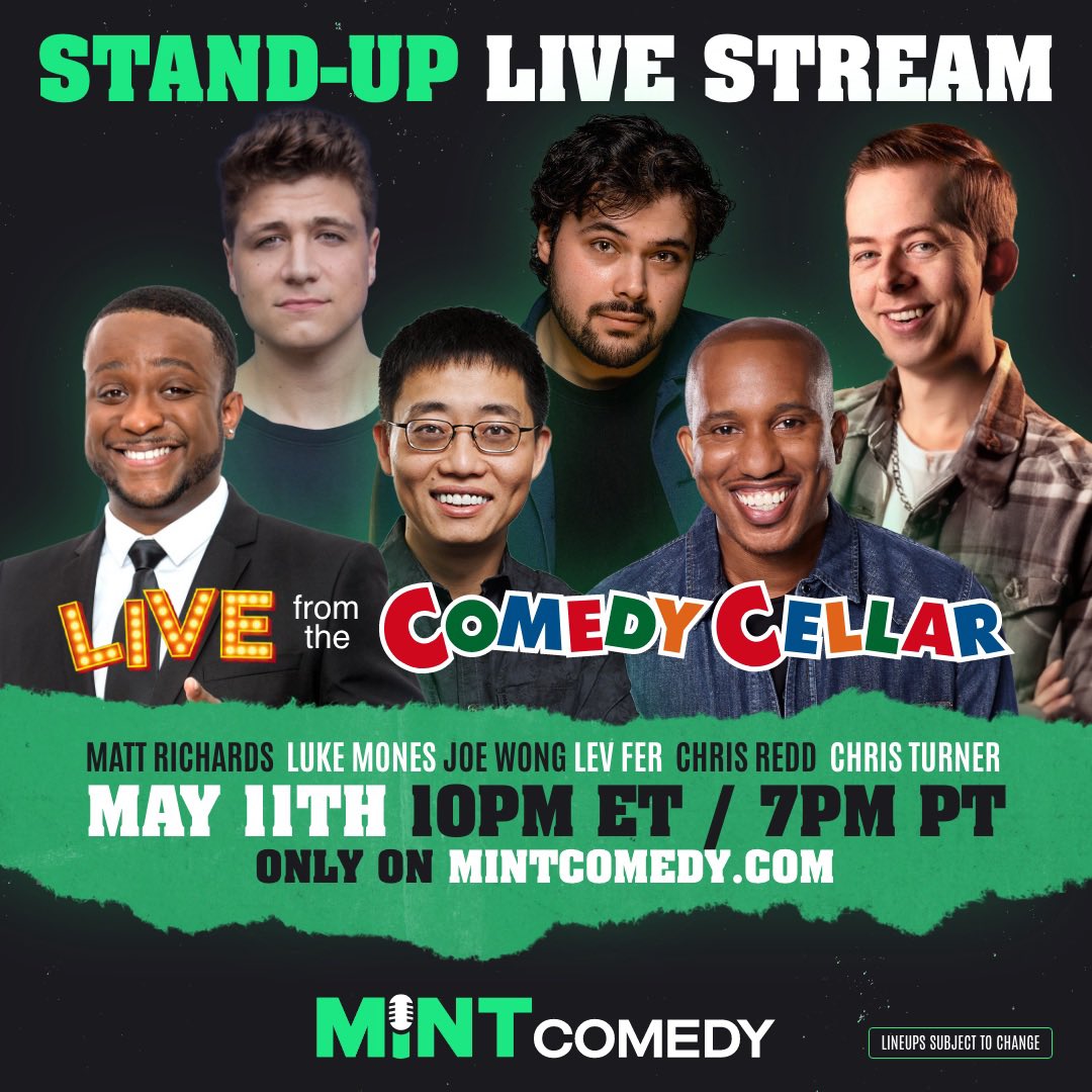 Love stand-up comedy? Watch our livestream of a full show from the famous @ComedyCellarUSA only on mintcomedy.com! Featuring: @mattwasfunny @LukeMones @JoeWongComedy @thelevfershow @Reddsaidit @ChrisPJTurner #standup #comedy