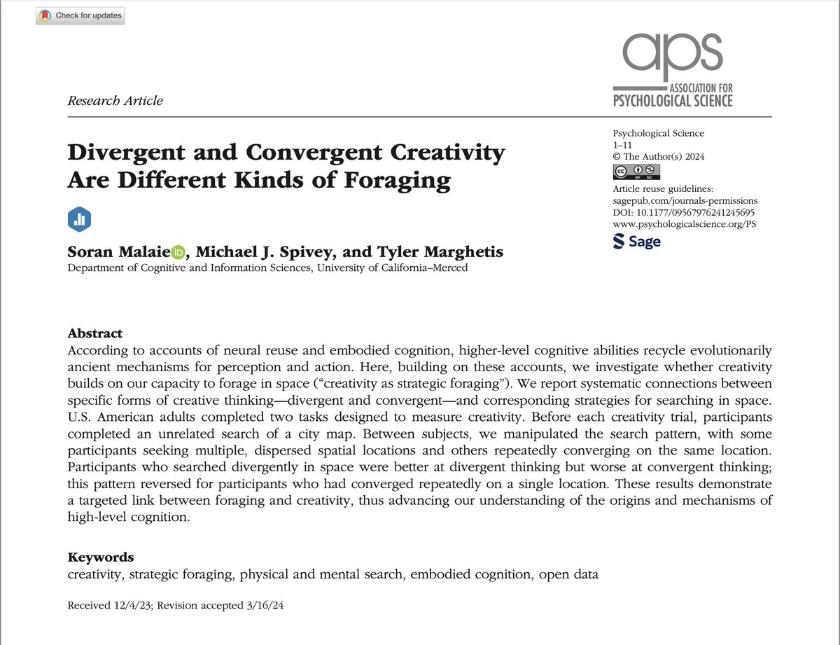 Where does the capacity for creative thought come from? Maybe from foraging. Or rather, from having *ancestors* who foraged. Having people 'forage' through physical spaces primes them for creative thought—in a sense, for foraging through ideas. journals.sagepub.com/doi/full/10.11…