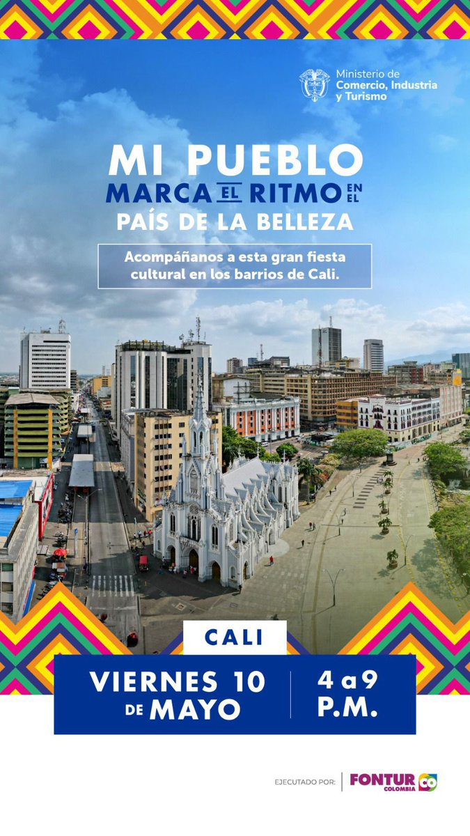 ¡Residentes y turistas de Cali, les tenemos una invitación para este viernes 10 de mayo! Como parte de la jornada #GobiernoConLosBarrios en la capital del Valle del Cauca, el @MincomercioCo y @fonturcol presentarán la estrategia de promoción turística 'Mi Pueblo marca el ritmo…