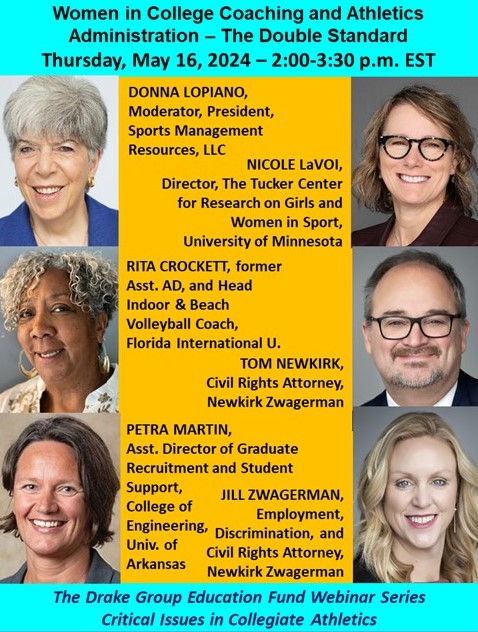 .@TheDrakeGroup is offering a webinar May 16: “Women in College Coaching and Administration—The Double Standard.” Join the six panelists for an insightful discussion on the challenges faced by female coaches and administrators. Info/register: us06web.zoom.us/webinar/regist… #WeAreAVCA
