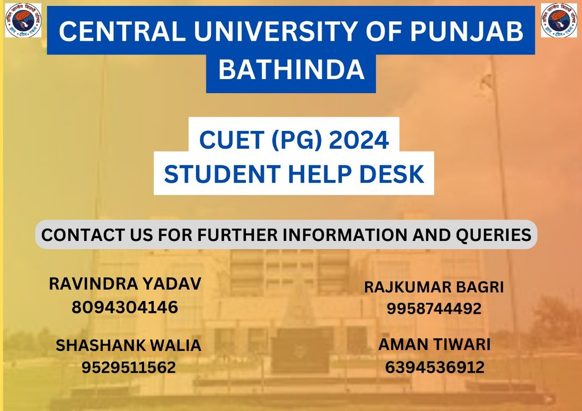 ABVP Helpline for CUET(PG), Central University of Punjab, Bhatinda. Feel free to contact for any queries!