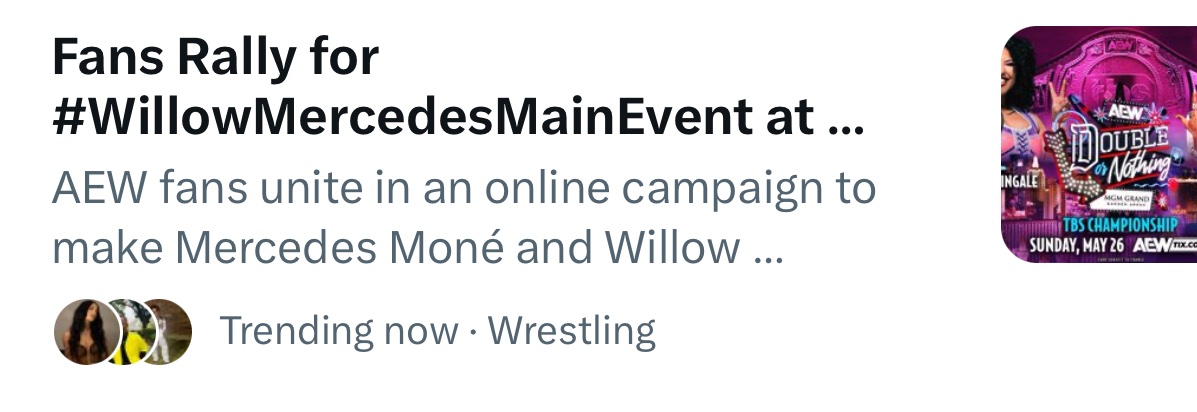 Now we talking KREW! Thought yall went 🐱 for a second! The best story in all of AEW/wrestling. Yeah I said it! Who gon check me Uncle Billy Bob? #WillowMercedesMainEvent