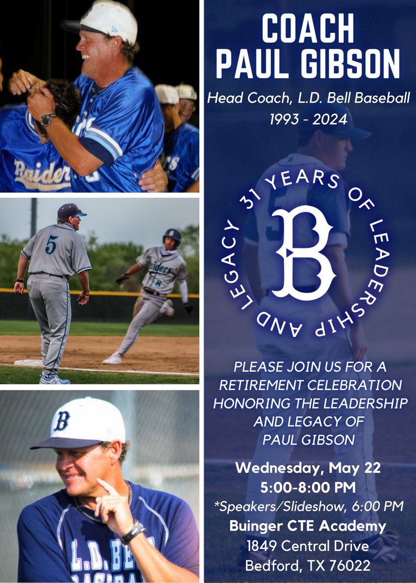 We are proud to announce the well-deserved retirement of Coach Paul Gibson! Please join us Wednesday, May 22, at the Buinger to honor his 31 years of leadership and legacy and L.D. Bell. The celebration is come and go from 5:00-8:00 PM. We hope to see you there!
