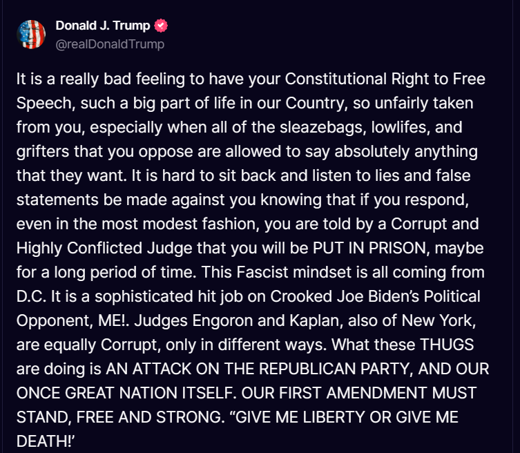 PamJamiso13's tweet photo. #CorruptJudges #FreedomOfSpeech  #TrumpGagOrder  #RemoveTheGagOrder  #JudgeMerchan  #JudgeEngoron #JudgeKaplan  #TrumpWitchHunts  #TrumpTrial  #TrumpTrials #TRUMP2024ToSaveAmerica https://t.co/dm40kSinb5