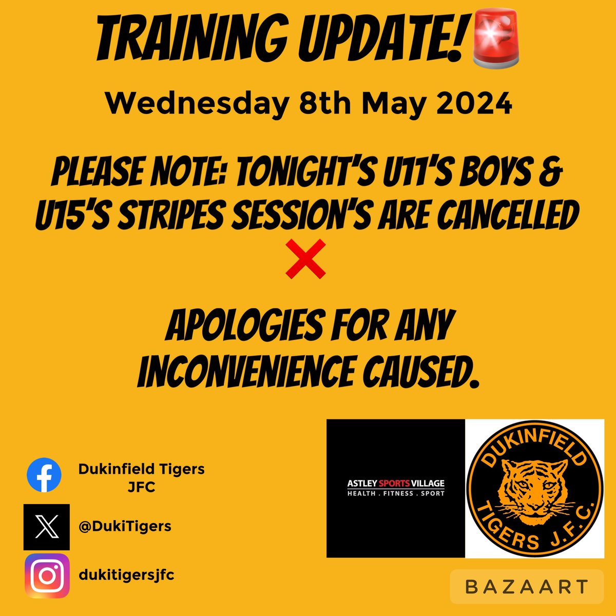Training Update for this evening. 🚨🐯⚽️