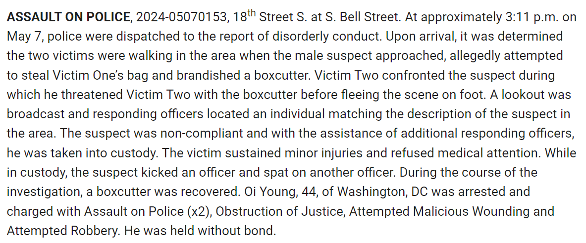 Here 🔽🔽 are the details from police on the skirmish yesterday along S. 15th Street that was caught on camera ⏬⏬. @ArlingtonVaPD report that Oi Young did have a box cutter and was charged with attempted robbery at S. 18th Street and S. Bell Street in Crystal City. Police say…
