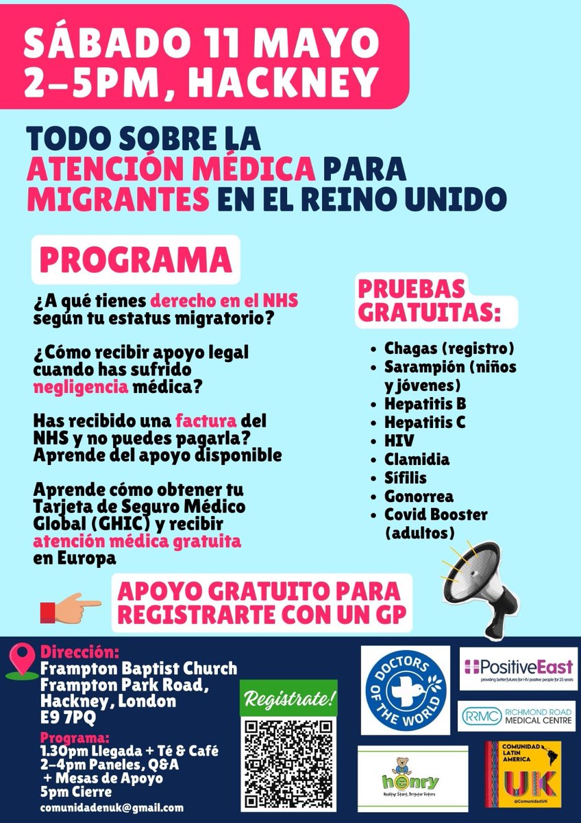Delighted to host the 4th Latinoamerican & Hispanic community event in #Hackney Topic: Access to Healthcare for Migrant Communities, Sat 11 May, 2 to 5pm In collaboration with the incredible @DOTW_UK @PositiveEast @RichmondroadMC @ComunidadUk @FPBCHackney & more Share widely!