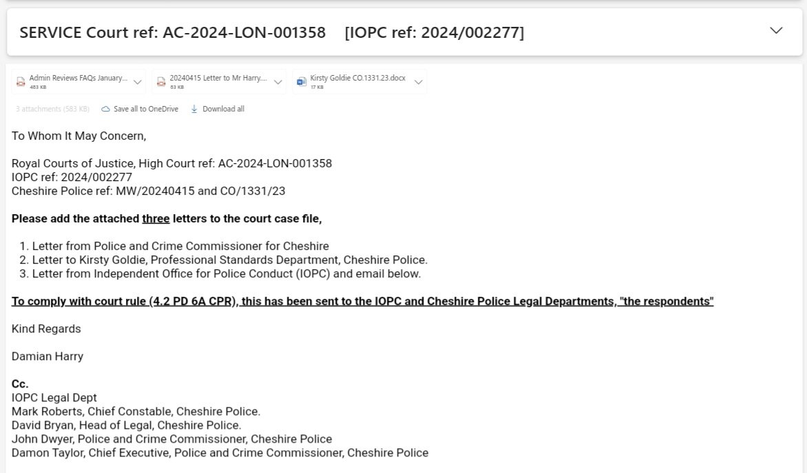 🟡 Independent Office for Police Conduct (IOPC) emailed me today, Police & Crime Commissioner for Cheshire has referred Cheshire Police to them. I've updated the High Court in London, bit awkward for the IOPC & Cheshire Police @MattODigs @CheshirePCC @policeconduct @MrAndy_Carter