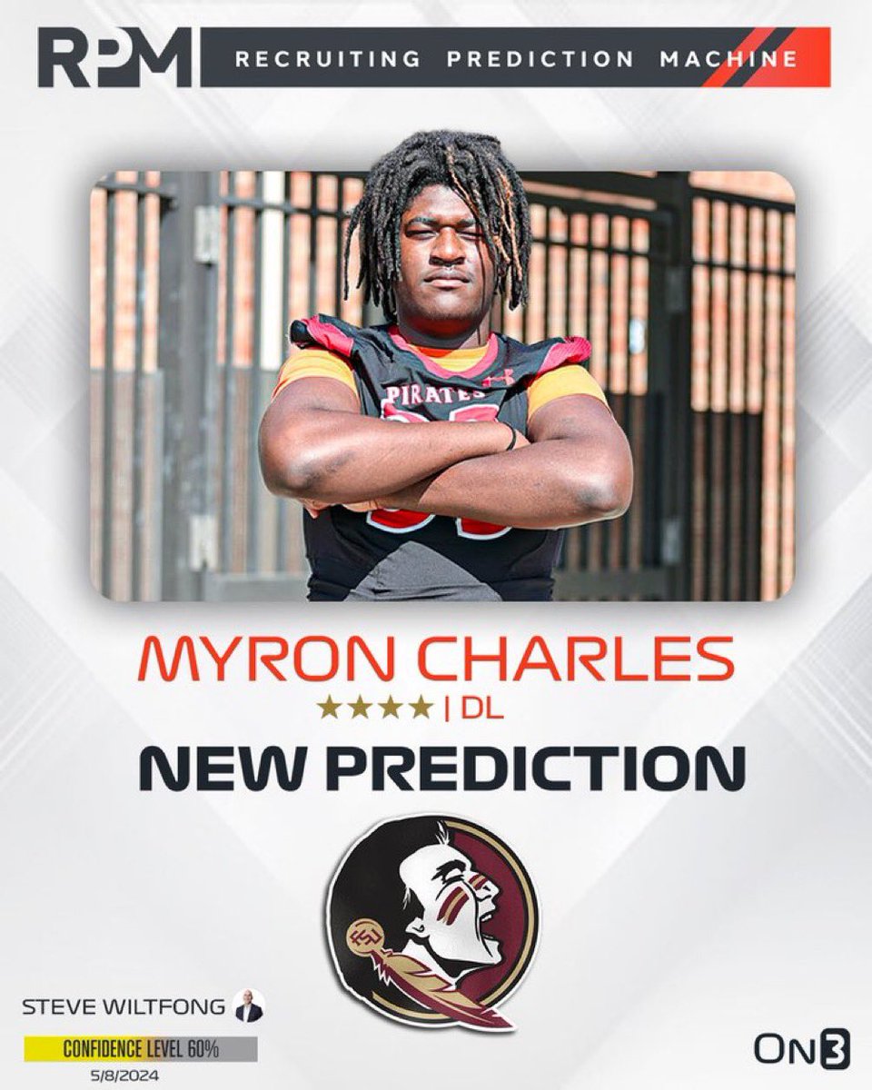 UPDATE: On3’s Steve Wiltfong has put in an expert prediction in favor of Florida State for Class 2025 four-star defensive tackle target Myron Charles from Port Charlotte, Florida. 👀🍿 #GoNoles #Tribe25