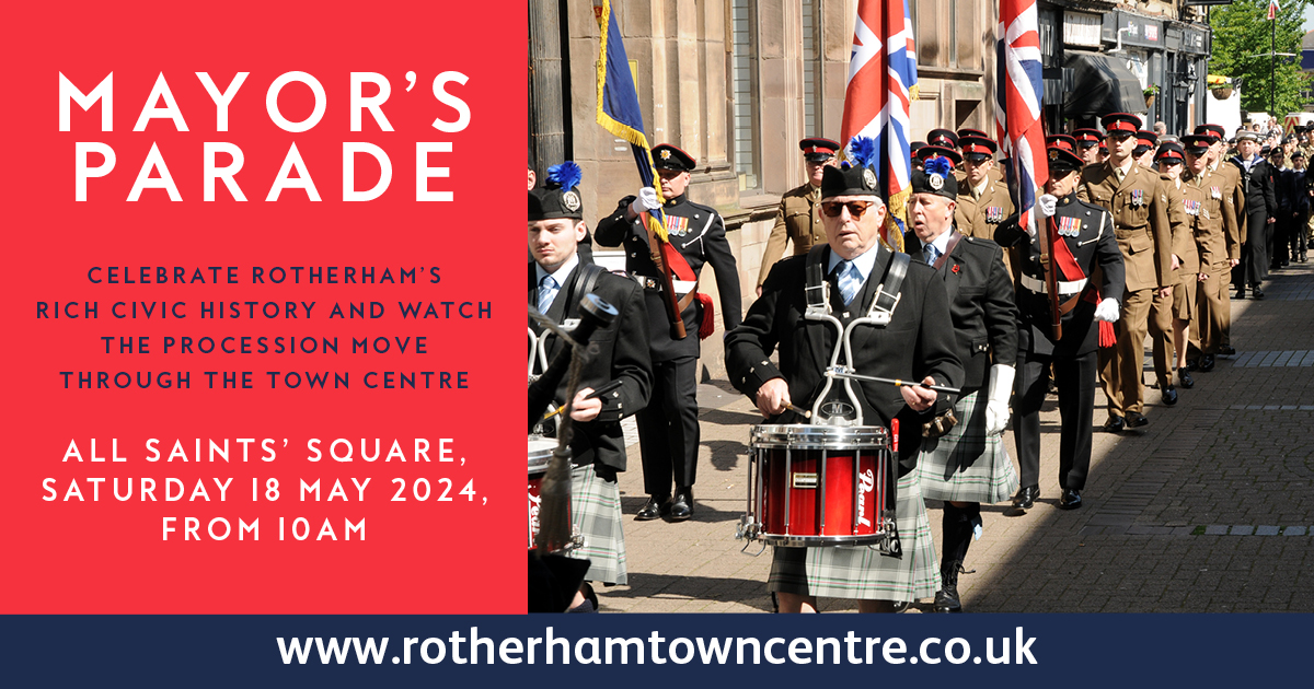 Welcome the new Mayor of Rotherham at the annual Mayor's Parade on Saturday 18 May. Celebrate Rotherham’s rich civic history and watch the parade move through the town centre. Further information will be shared at: rotherhamtowncentre.co.uk/homepage/30/ma…