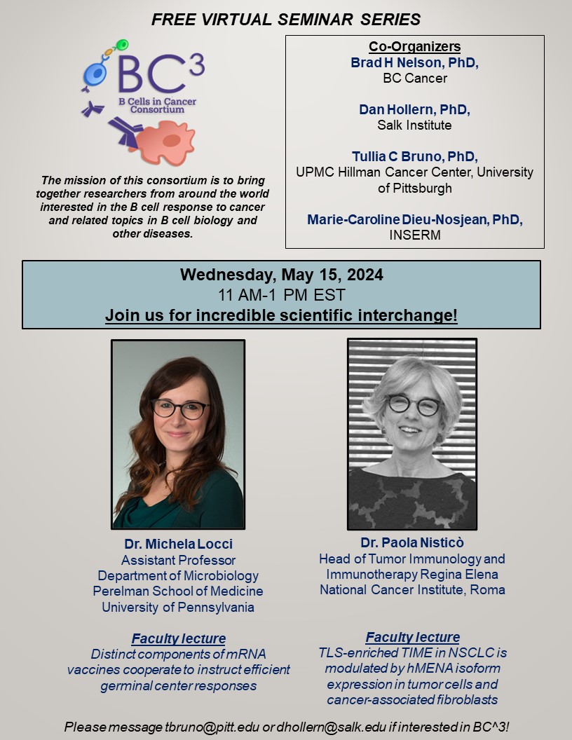 Please join us next week for our May BC^3 seminar series. We have two fantastic female investigators presenting! #WomeninSTEM #TLS #Bcells @LocciLab @hollern_daniel