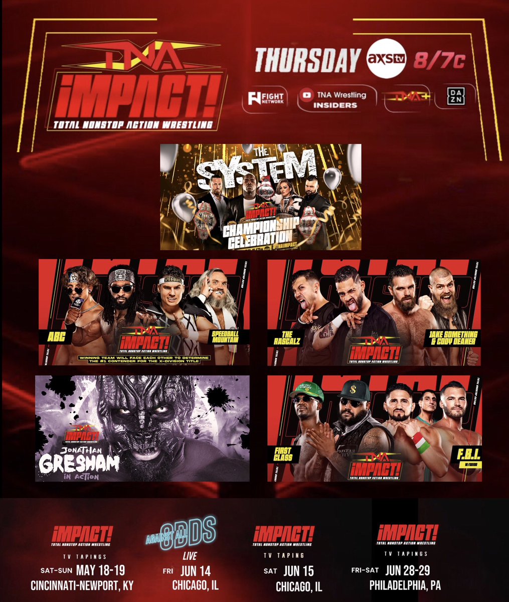 Catch New #TNAiMPACT @ThisIsTNA TOMORROW THURSDAY | 8/7c TV & Streaming 🇺🇸: AXSTV 🇨🇦: fightnet 🌎: DAZN_Wrestling 🖥️: TNA Wrestling Insiders for $0.99 📱: TNAPlusApp Against All Odds - Chicago Less than 6 weeks away #tna #tnawrestling #prowrestling @richswanntna @nunzio_guido…