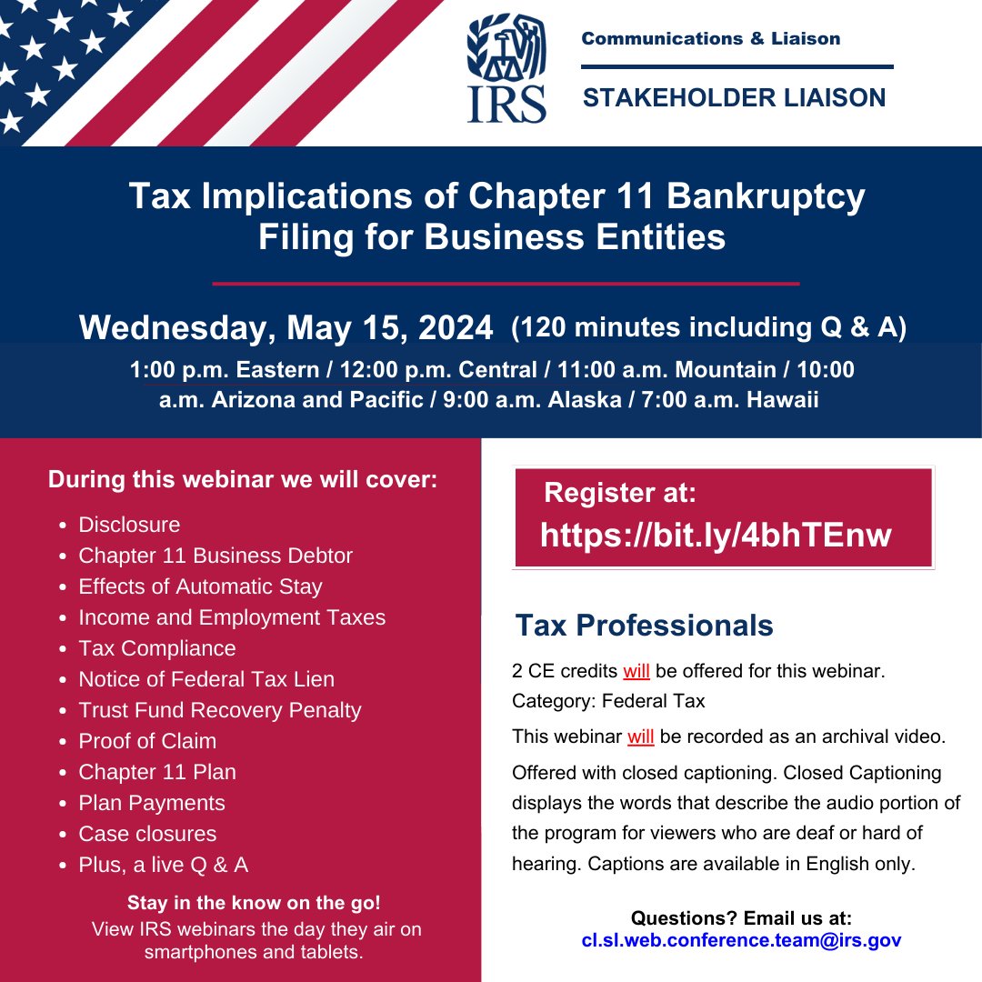 The IRS webinar:  Tax Implications of Chapter 11 Bankruptcy Filing for Business Entities
-
Online Webinar
Wednesday, May 15, 2024
Register at: bit.ly/4bhTEnw
-
#taximplications #chapter11bankruptcy #businessentities #smallbusinesswebinar #smallbusinessowners
