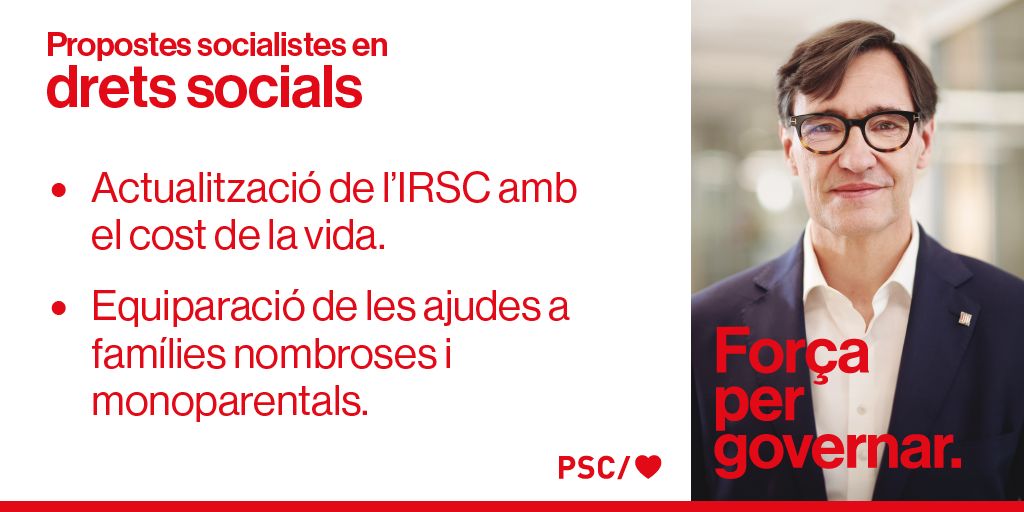 PSC Sant Just (@pscsantjust) on Twitter photo Propostes socialistes en drets socials:
-Actualització de l'IRSC amb el cost de la vida.
-Equiparació de les ajudes a famílies nombroses i monoparentals.
#votaPSC #IllaPresident <a href="/joanbasaganyas/">Joan Basagañas</a> <a href="/ginapol/">Gina Pol Borràs</a> <a href="/jmrane/">Josep Maria Rañé</a> <a href="/Llobretrans/">rosa maria maristany</a> <a href="/dolorsleyva/">dolors.leyva</a> Propostes socialistes en drets socials:
-Actualització de l'IRSC amb el cost de la vida.
-Equiparació de les ajudes a famílies nombroses i monoparentals.
#votaPSC #IllaPresident <a href="/joanbasaganyas/">Joan Basagañas</a> <a href="/ginapol/">Gina Pol Borràs</a> <a href="/jmrane/">Josep Maria Rañé</a> <a href="/Llobretrans/">rosa maria maristany</a> <a href="/dolorsleyva/">dolors.leyva</a>