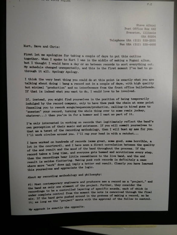 consequence's tweet image. Steve Albini's four-page proposal to produce Nirvana's In Utero: "If a record takes more than a week to make, somebody's fucking up."