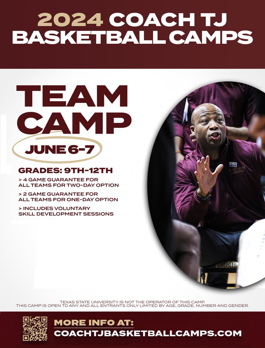🚨🏀🐾 Less than a month away! A great way for high school and summer teams to get ready for the June Live Periods and be evaluated by the entire Texas State MBB Staff! Secure your spot now! #EatEmUp 🔜 🔜 🔜 🔜 coachtjbasketballcamps.com