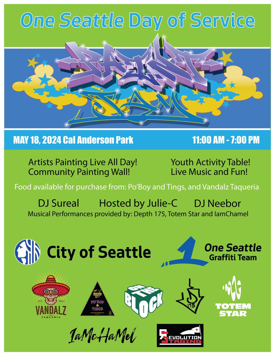 Attend the #OneSeattle #DayofService Paint Jam at Cal Anderson Park on May 18 from 11 a.m. - 7 p.m.! There will be live painting, musical performances, a youth activity area, and a community painting wall 🎨