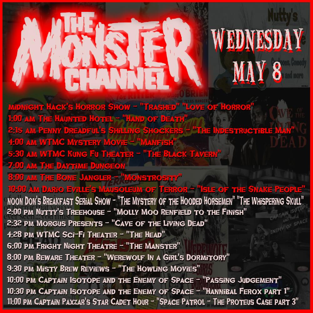 EerieLateNight's tweet photo. Today on The Monster Channel!

https://t.co/NvRAe8VnaE

#donsbreakfastserialshow #nuttystreehouse #morguspresents #frightnighttheatre #thespookyspectre #bewaretheater #arachnaanddeadly #MistyBrew #captainisotopeandtheenemyofspace #captainpaxzarsstarcadethour https://t.co/xzjYlGIY9K