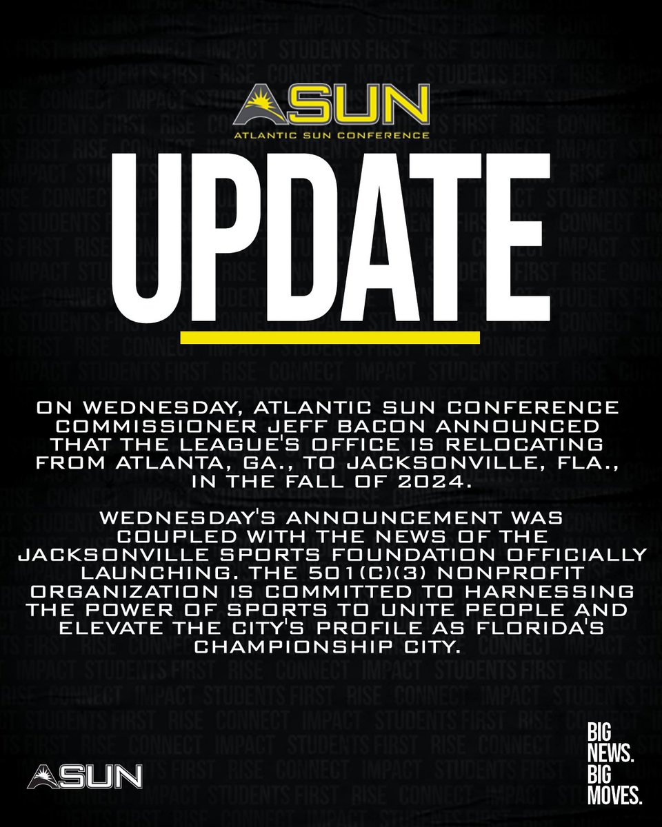 ASUNSports's tweet image. 🚨𝐏𝐚𝐜𝐤 𝐮𝐩 𝐭𝐡𝐞 📦𝐬 𝐖𝐞'𝐫𝐞 𝐌𝐨𝐯𝐢𝐧𝐠!🚨

@ASUNSports will be relocating its office from Atlanta, Ga., to Jacksonville, Fla., in the fall of 2024! 

📰 | asunsports.org/news/2024/5/4/…

#ASUNBuilt