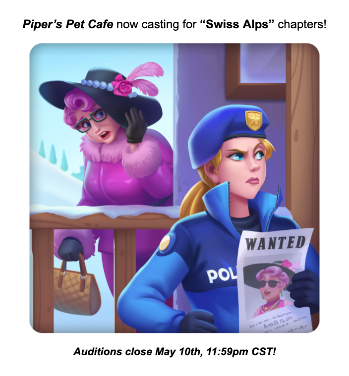 #CastingCall: Auditions for #PipersPetCafe 'Swiss Alps' roles close in 2 days! Natural or passable Swiss German accents ONLY. Must follow audition instructions -shorturl.at/HIUZ7 #mobilegame #german #swiss #swissgerman #accent #voiceacting #petcafe #voice #pets @VACastingRT