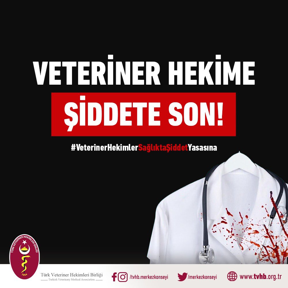 #VeterinerHekimlerSağlıktaŞiddetYasasına

VETERİNER HEKİMLER ŞİDDETE MARUZ KALIYOR, YETKİLİLER SADECE GEÇMİŞ OLSUN DİLEKLERİNİ İLETİYOR 

Kamuoyuna ve Yetkililere Çağrımızdır!
 
Veteriner Hekimlere Şiddet, Topluma ve Toplum Sağlığına Karşı Şiddettir.
 
Veteriner hekimlere karşı