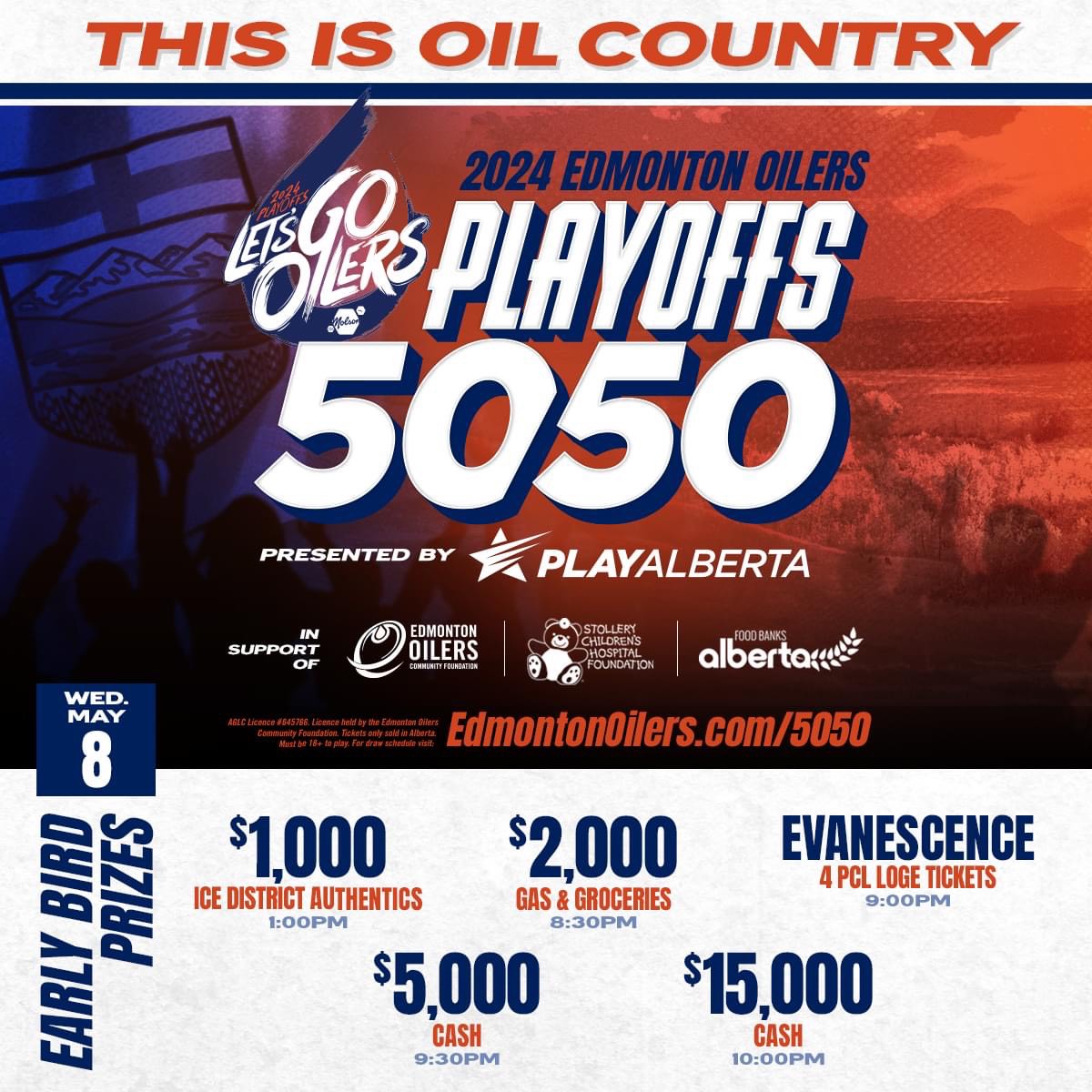 The 'This is Oil Country' #Oilers Playoffs 50/50 raffle is on now throughout Round 2. Support families across #OilCountry, including Sport Central through @Oil_Foundation! Plus, a chance to win one of 18 early bird prizes! Get tix here: nhl.com/oilers/communi… #LetsGoOilers