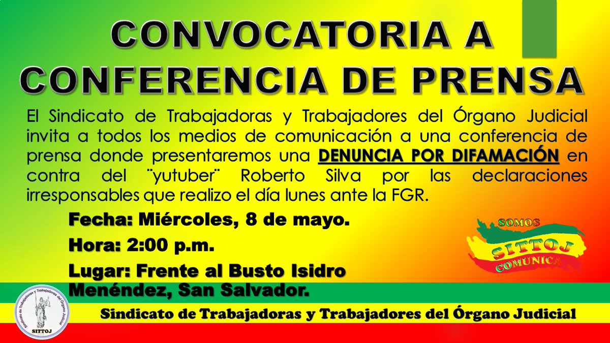 presentaremos una DENUNCIA POR DIFAMACIÓN en contra del ¨yutuber¨ Roberto Silva por las declaraciones que realizo el día lunes ante la FGR. 
Hoy, 8 de mayo Hora: 2:00pm Frente al Busto Isidro Menéndezl/CJIM