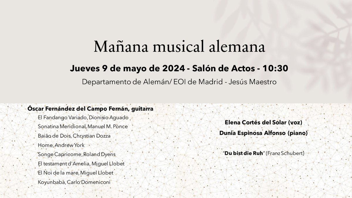 Mañana tenéis una ocasión estupenda de disfrutar de la música. Entrada libre hasta completar aforo. ¡No os lo perdáis! <a href="/AlemanEOI/">Alemán EOI</a> <a href="/EOICarabanchel/">EOI Carabanchel</a> <a href="/EOI_SierraNorte/">EOI Sierra Norte</a> <a href="/alcalaidiomas/">eoialcala</a>