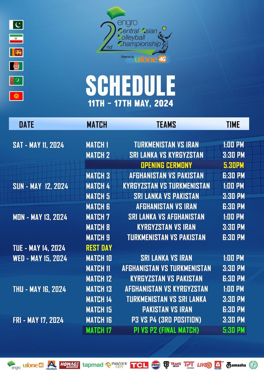 Muneeb313_'s tweet photo. Complete schedule of CAVA Nation's League in Islamabad from May 11-17. 

Apart from hosts Pakistan, Iran, Turkmenistan, Kyrgyzstan, Sri Lanka and Afghanistan are participating in the event. 

#volleyball https://t.co/7y9Akj88vR