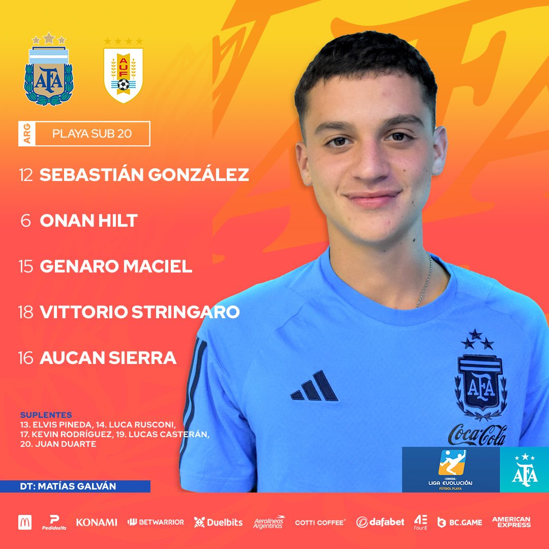 🏆 #FútbolPlaya #LigaEvolución 🌎 🗓 Fecha 1 ⚽️ #Sub20 @Argentina 🇦🇷 - Uruguay 🇺🇾 ✔ ¡Formación confirmada para el debut del equipo juvenil albiceleste! 💪 Vamos nosotros 🇦🇷