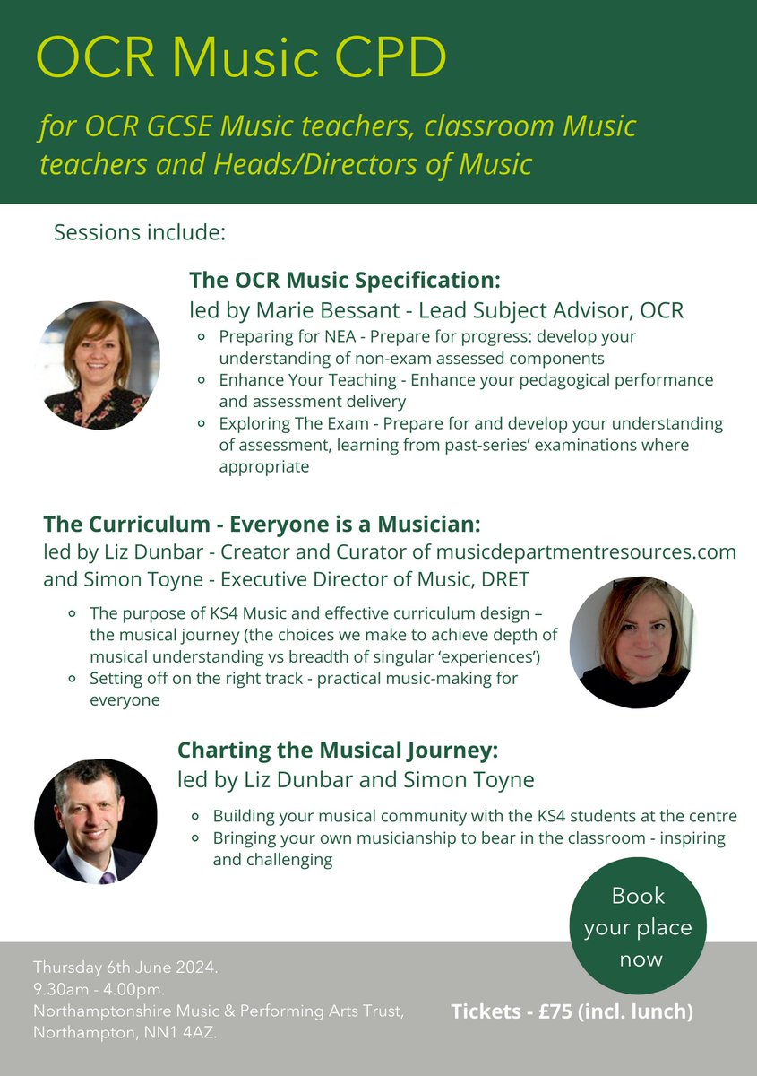 Calling all classroom Music teachers and Heads/Directors of Music. Sign up now for your place on an excellent DRET-OCR GCSE Music CPD event in Northampton on Thurs 6th June 2024. Tickets on sale now: eventbrite.co.uk/e/dret-seconda… 
#CPD @OCR_PerformArts @MusicTeachers_ @DRETnews