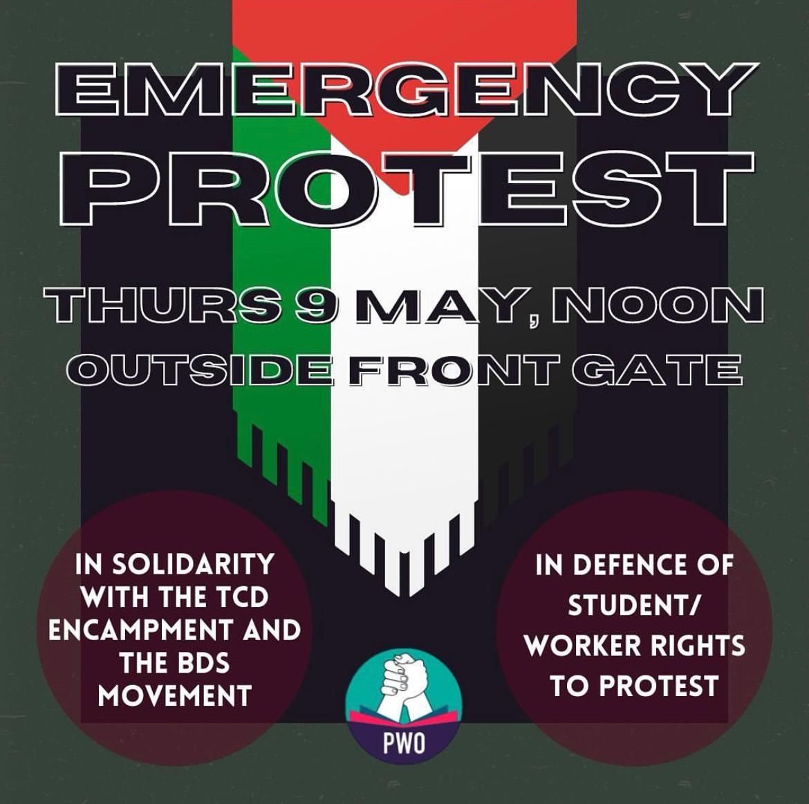 The protest will *still go ahead*. We will be gathering to celebrate the BDS victory at Trinity and to see and in solidarity with the students and workers targeted with disciplinary action for peaceful protest. ➡️ Rescind the fine ➡️ No punishment for peaceful protests