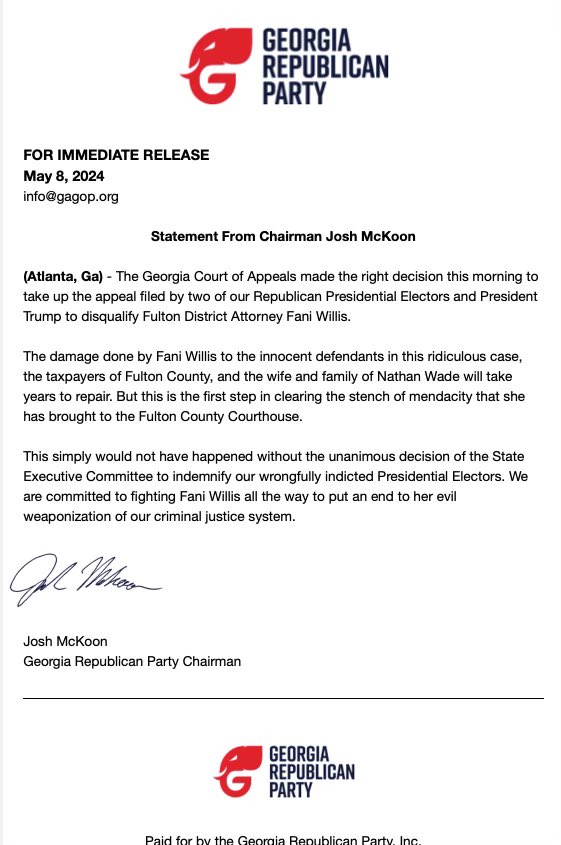 Statement from Chairman @JoshMcKoon on the decision of the Georgia Court of Appeals to take up the appeal to disqualify @FaniforDA from her bogus case against our Presidential Electors and former President @realDonaldTrump #gapol #gagop