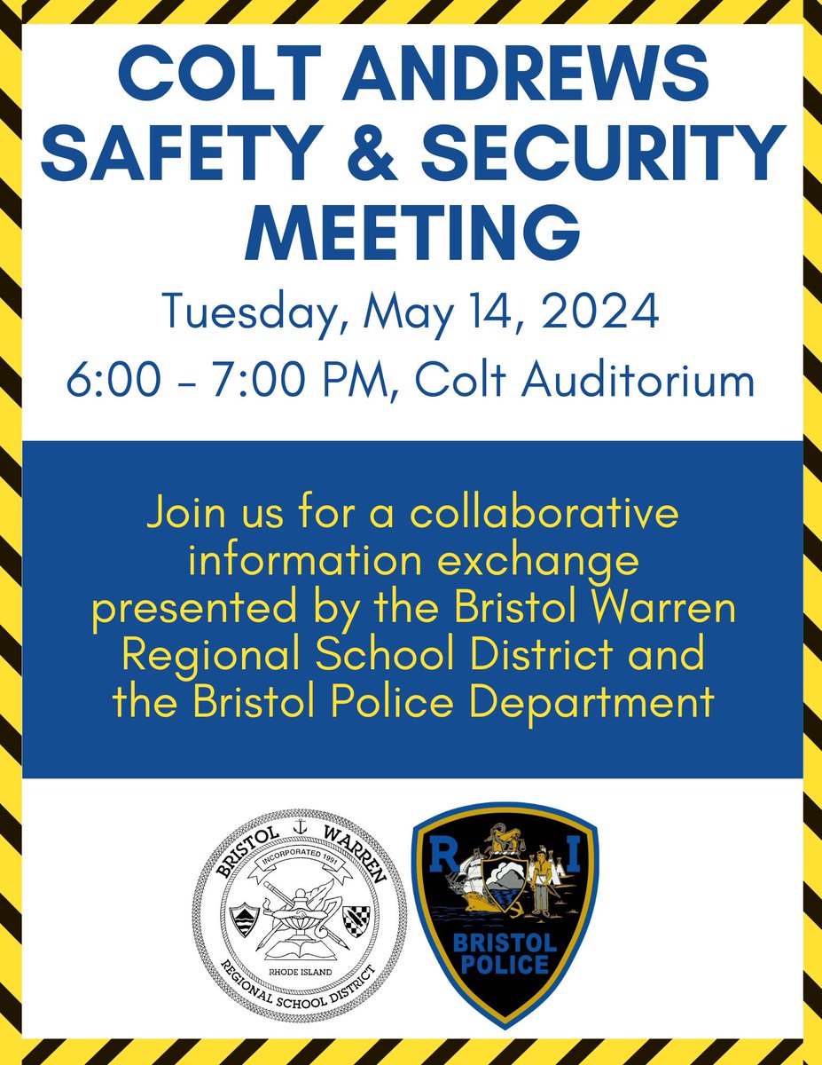 Come to our safety and security meeting next Tuesday, hosted by @BWRSD and the Bristol Police Department.

We hope to see you there!