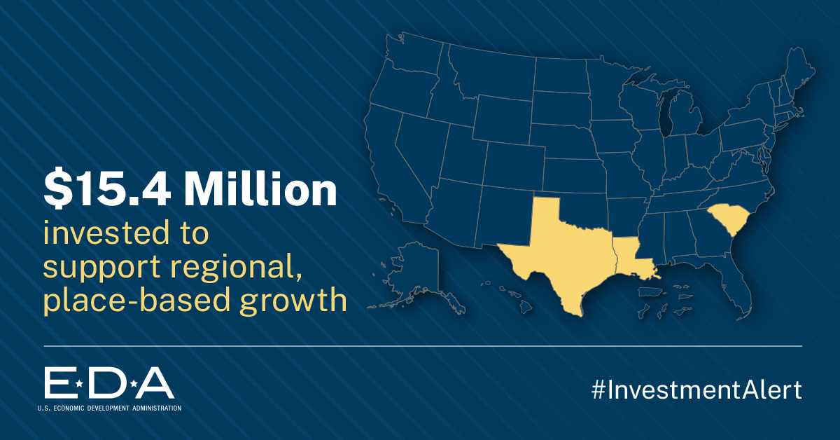 EDA has awarded $15.4 million to support economic development in Texas, South Carolina & Louisiana w/projects to support: ✅Clean energy ✅Water infrastructure & jobs ✅Semiconductor business growth Award announcements: bit.ly/3TX35lz #EconomicDevelopment