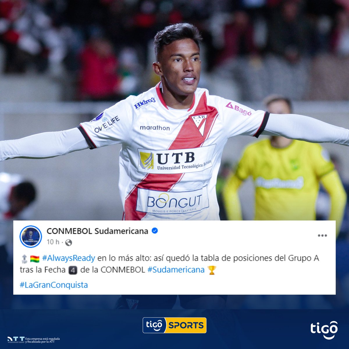 TigoSportsBol's tweet photo. LÍDER ABSOLUTO 🥇
👉🏻 La CONMEBOL destacó mediante sus redes sociales el liderato de Always Ready 🇧🇴, que se posiciona en el primer lugar del grupo A de la Copa Sudamericana 🏆.

#TigoSportsNoticias #TSNBO #TSNPrensa https://t.co/syZVAKQKvH
