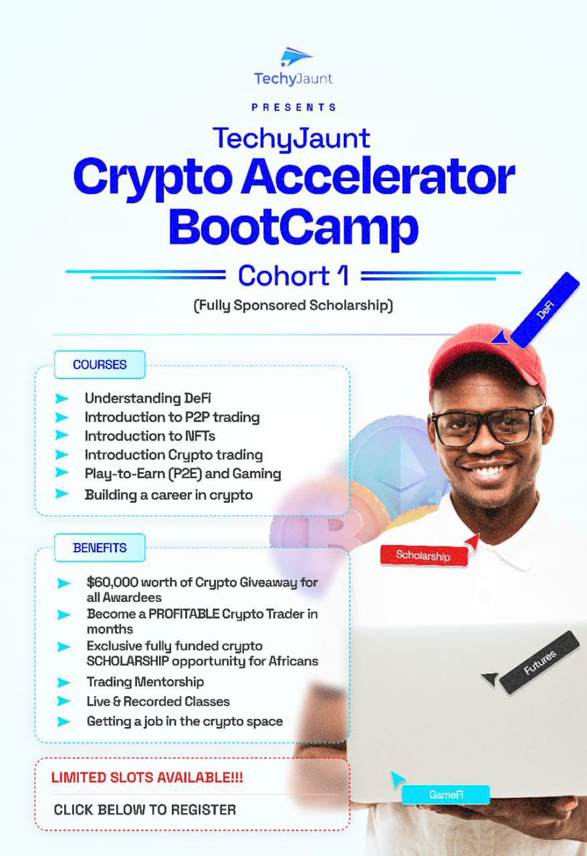 If you can see this tweet , you really sign up for this free accelerator bootcamp! If you apply and get the scholarship,trust me that you will gain a lot 👏🏻 It usually costs a lot so it’s much better to advantage of this opportunity. Apply here now🧏🏼‍♀️ techyjaunt.com/crypto-bootcamp