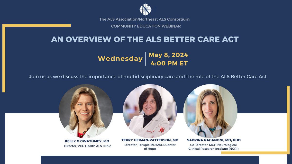 Join @NEALSConsortium at 4pm ET TODAY for an overview of the #ALS Better Care Act and discussion of the importance of multidisciplinary care with Dr. Kelly Gwathmey, Dr. Terry Heiman-Patterson, and Dr. Sabrina Paganoni. #ALSAdvocacy Register here: us06web.zoom.us/webinar/regist…