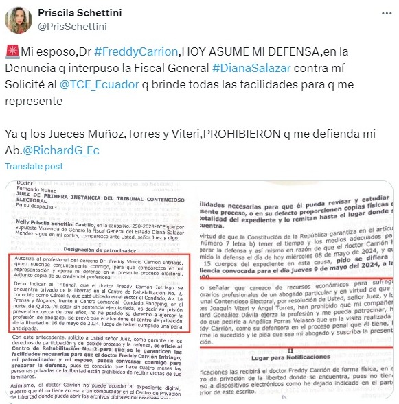 radiosonoramaec's tweet image. @PrisSchettini, defensora de DDHH, informó a través de su cuenta de X que su esposo, #FreddyCarrion, asumirá su defensa ante la denuncia interpuesta por @FiscaliaEcuador contra su persona. Esto sucede después que dos jueces prohibieron que su abogado la represente.