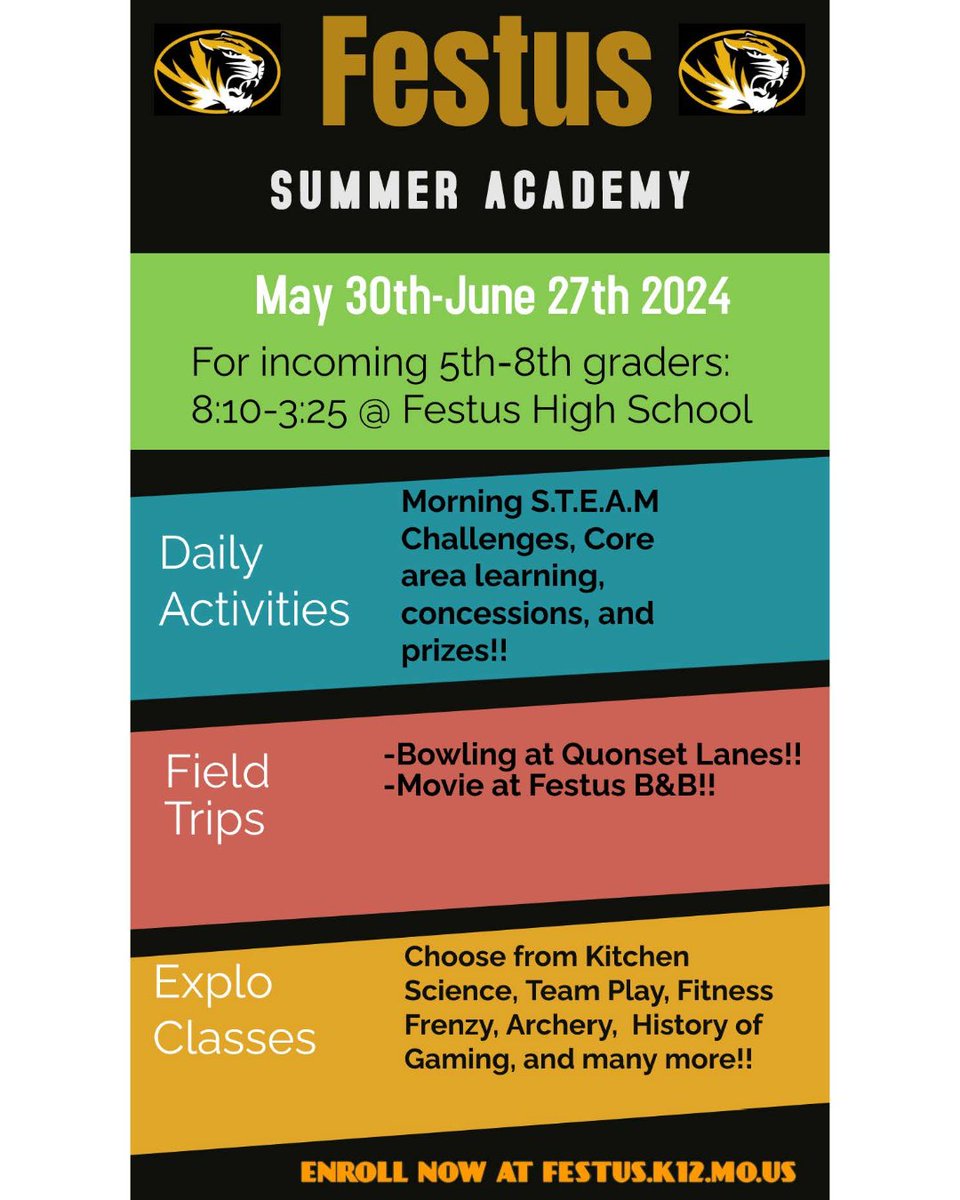 The 2024 Summer Academy will be so much fun.  It's open to students currently in 4th thru 7th grade.  For more information and to enroll click here:  festus.k12.mo.us/vnews/display.…
#WeAreFestus