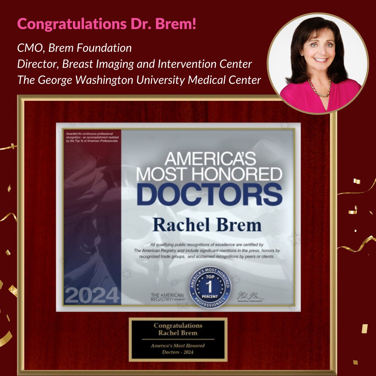 A huge congratulations to @DrRachelBrem, our CMO, for her recognition by The American Registry as one of America’s Most Honored Doctors. This accomplishment places her in the top 1% of doctors nationwide, acknowledging her exceptional impact!

#TopDoctors
#LeadersInHealthcare