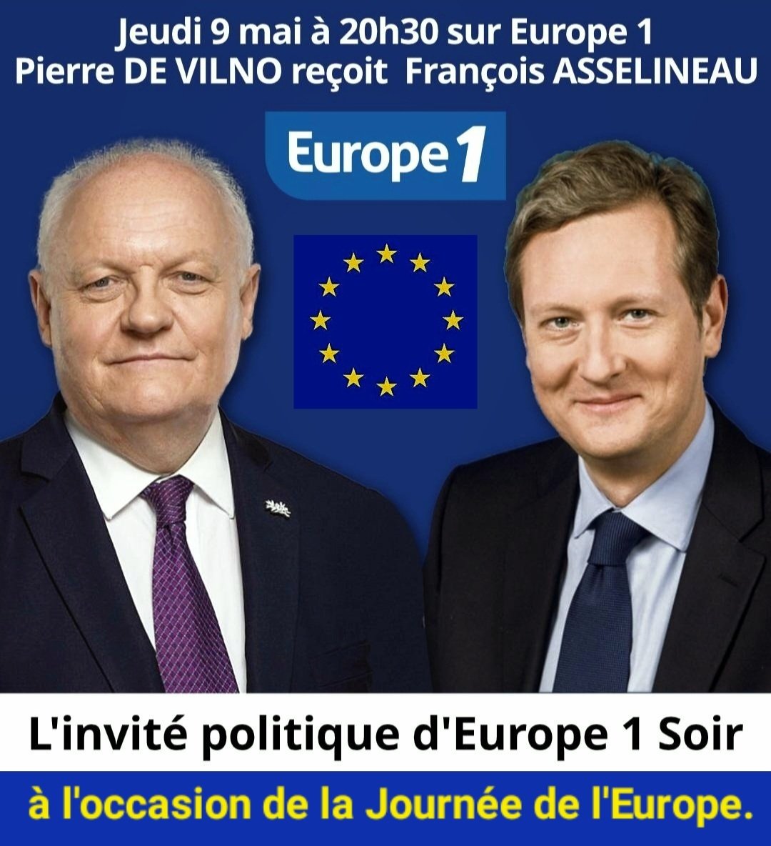 🎙 𝗘𝗨𝗥𝗢𝗣𝗘 𝟭
Je suis l'invité politique, ce jeudi 9 mai 2024 - Journée de l'Europe-, par le journaliste Pierre de Vilno dans l'émission EUROPE SOIR, pendant 7 minutes.