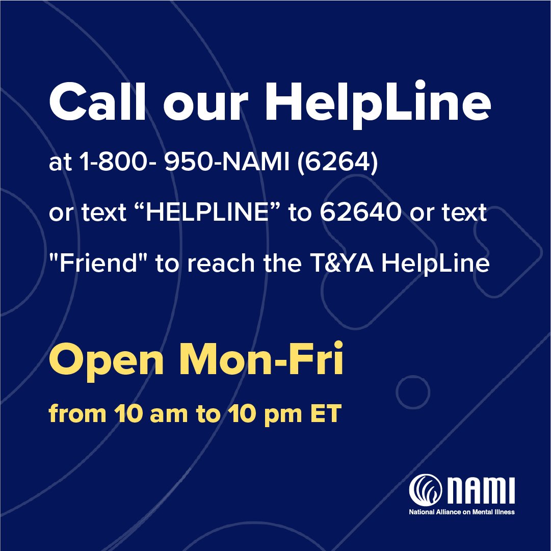 It's ok not to be ok. Being human includes struggles with our mental health. Our NAMI HelpLine is here for you during those difficult times. 💬 Learn more about the NAMI HelpLine: call 1-800- 950-NAMI (6264) or text “HELPLINE” to 62640. ↪️ Visit nami.org/help to learn…