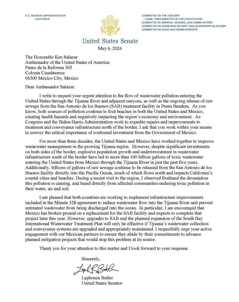 This week, I wrote to ambassadors @USAmbMex and @emoctezumab requesting their urgent attention to the flow of wastewater pollution entering the U.S. through the Tijuana River. I look forward to working with both ambassadors to find permanent solutions to this ongoing crisis.