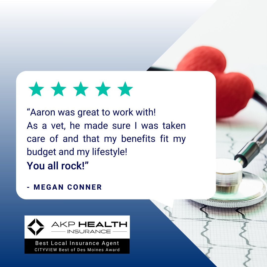 “Aaron was great to work with! As a vet, he made sure I was taken care of and that my benefits fit my budget and my lifestyle! You all rock!” - Megan Conner

Schedule a FREE consultation today.
akphealthinsurance.com

#insuranceagent #medicalinsurance