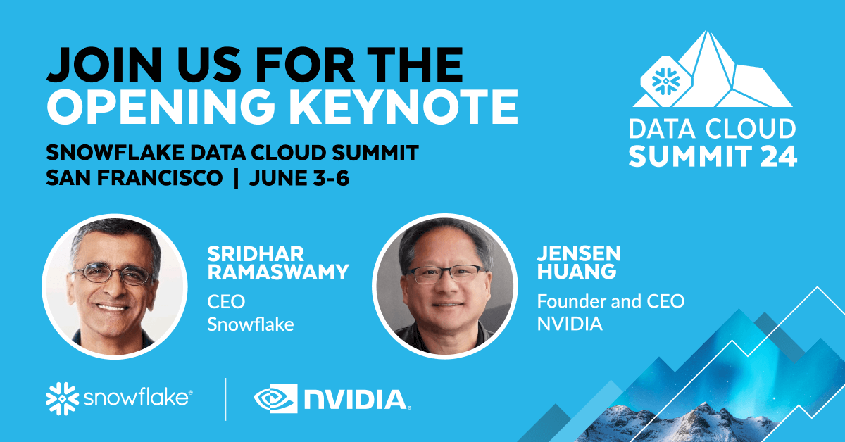Snowflake's tweet photo. Exciting news for #DataCloudSummit attendees! Join us in San Francisco for the opening day as our CEO @RamaswmySridhar is joined by @nvidia's Founder and CEO Jensen Huang to unveil insights into the future of AI. https://t.co/6gg9oVUqDk